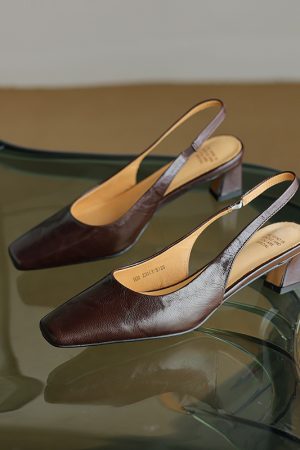 Genuine Leather French Retro Open-Back Sandals for Women - Slimming Mid-Heel, Square-Toe Summer Flats