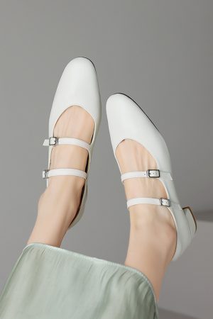 Genuine Leather French Round-Toe Mid-Heel Mary Jane Shoes for Women - Artistic Double Buckle Design for Spring & Summer Fashion