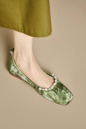 Genuine Leather French-Style Pearl Shallow Mouth Flat Shoes for Women - Italian Corso Venezia Pleated Grandma Shoes