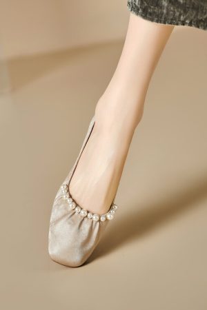 Genuine Leather French-Style Pearl Shallow Mouth Flat Shoes for Women - Italian Corso Venezia Pleated Grandma Shoes