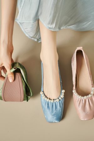 Genuine Leather French-Style Pearl Shallow Mouth Flat Shoes for Women - Italian Corso Venezia Pleated Grandma Shoes