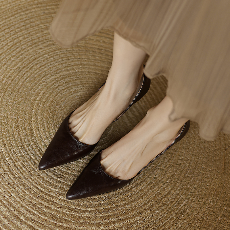 Genuine Leather French Vintage Pointed Toe High Heels for Women - Elegant Thin Heel Shallow Mouth Design Genuine Leather French Vintage Pointed Toe High Heels for Women - Elegant Thin Heel Shallow Mouth Design