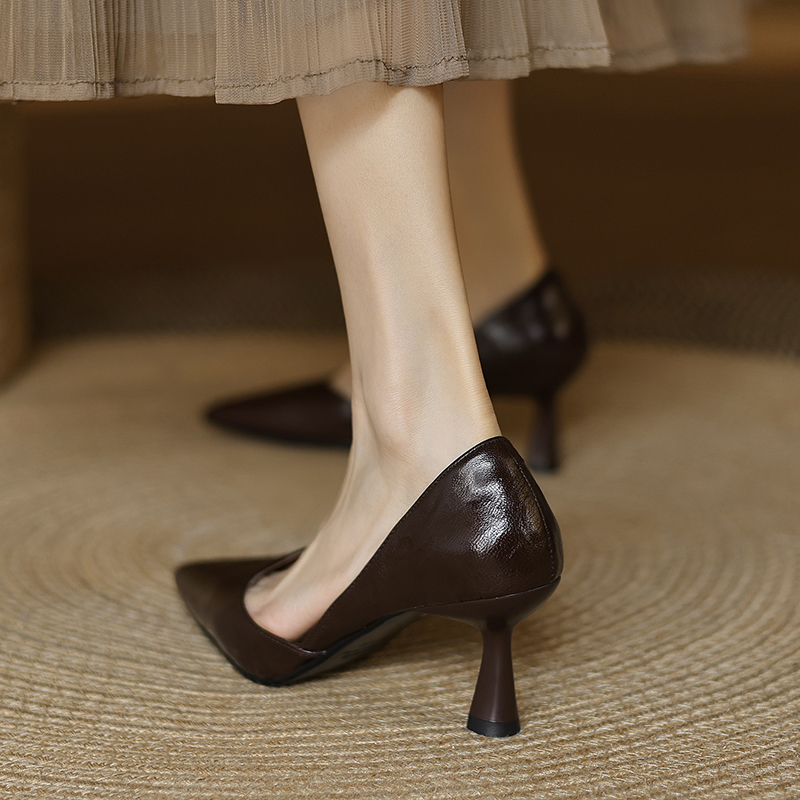 Genuine Leather French Vintage Pointed Toe High Heels for Women - Elegant Thin Heel Shallow Mouth Design Genuine Leather French Vintage Pointed Toe High Heels for Women - Elegant Thin Heel Shallow Mouth Design