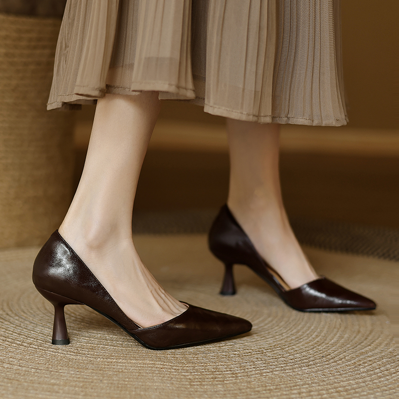 Genuine Leather French Vintage Pointed Toe High Heels for Women - Elegant Thin Heel Shallow Mouth Design Genuine Leather French Vintage Pointed Toe High Heels for Women - Elegant Thin Heel Shallow Mouth Design