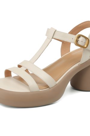 Genuine Leather High-Heeled Chunky Roman Sandals - Open-Toe One-Strap Thick-Soled Footwear for 90s Y2K Style