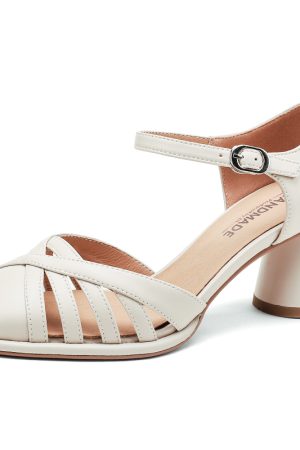 Genuine Leather Hollow High Heel Mary Jane Sandals for Women - Chunky Heel, Round Toe, Italian Style, Summer Fashion