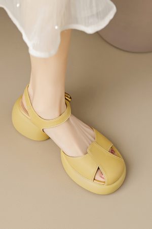 Genuine Leather Hollow Out Open-Toe Sandals for Women - Summer 2025 Height-Increasing Thick Sole One-Strap Design