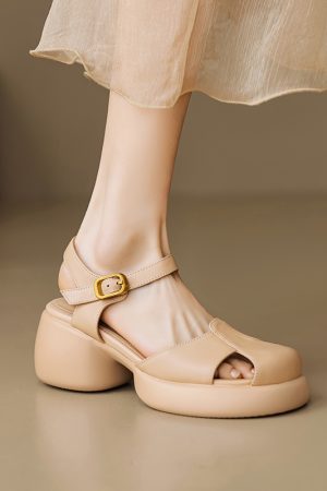 Genuine Leather Hollow Out Open-Toe Sandals for Women - Summer 2025 Height-Increasing Thick Sole One-Strap Design