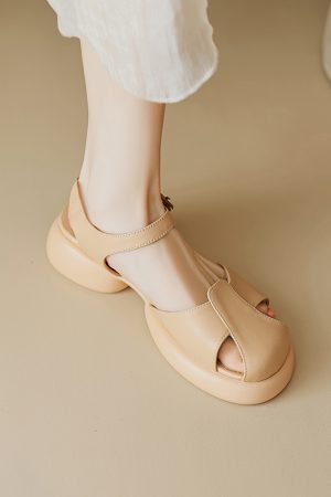 Genuine Leather Hollow Out Open-Toe Sandals for Women - Summer 2025 Height-Increasing Thick Sole One-Strap Design