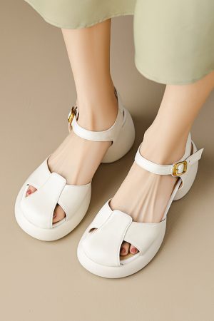Genuine Leather Hollow Out Open-Toe Sandals for Women - Summer 2025 Height-Increasing Thick Sole One-Strap Design