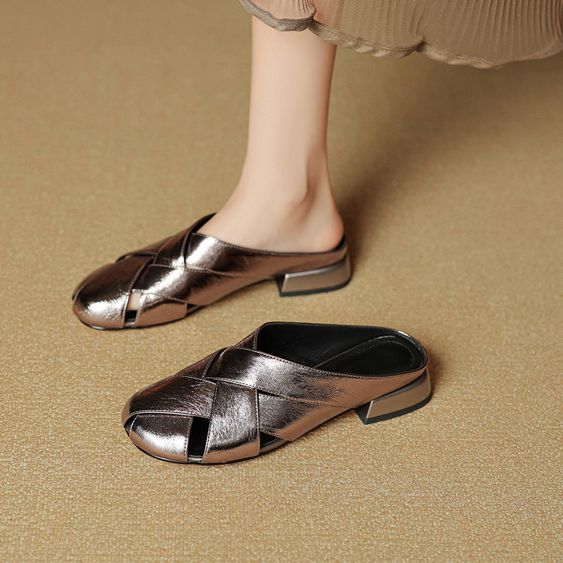 Genuine Leather Hollow-Out Toe Half Slippers - Woven Low-Heeled Fashionable Sandals for Skirts, Italian Style, Trendy Footwear Genuine Leather Hollow-Out Toe Half Slippers - Woven Low-Heeled Fashionable Sandals for Skirts, Italian Style, Trendy Footwear