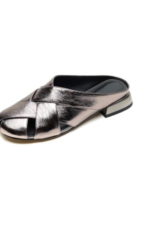 Genuine Leather Hollow-Out Toe Half Slippers - Woven Low-Heeled Fashionable Sandals for Skirts, Italian Style, Trendy Footwear