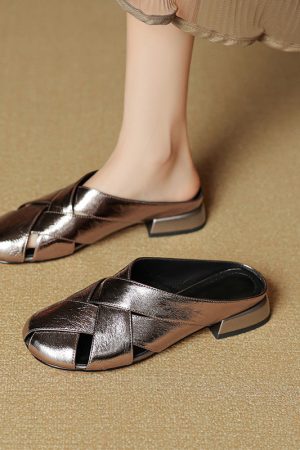 Genuine Leather Hollow-Out Toe Half Slippers - Woven Low-Heeled Fashionable Sandals for Skirts, Italian Style, Trendy Footwear