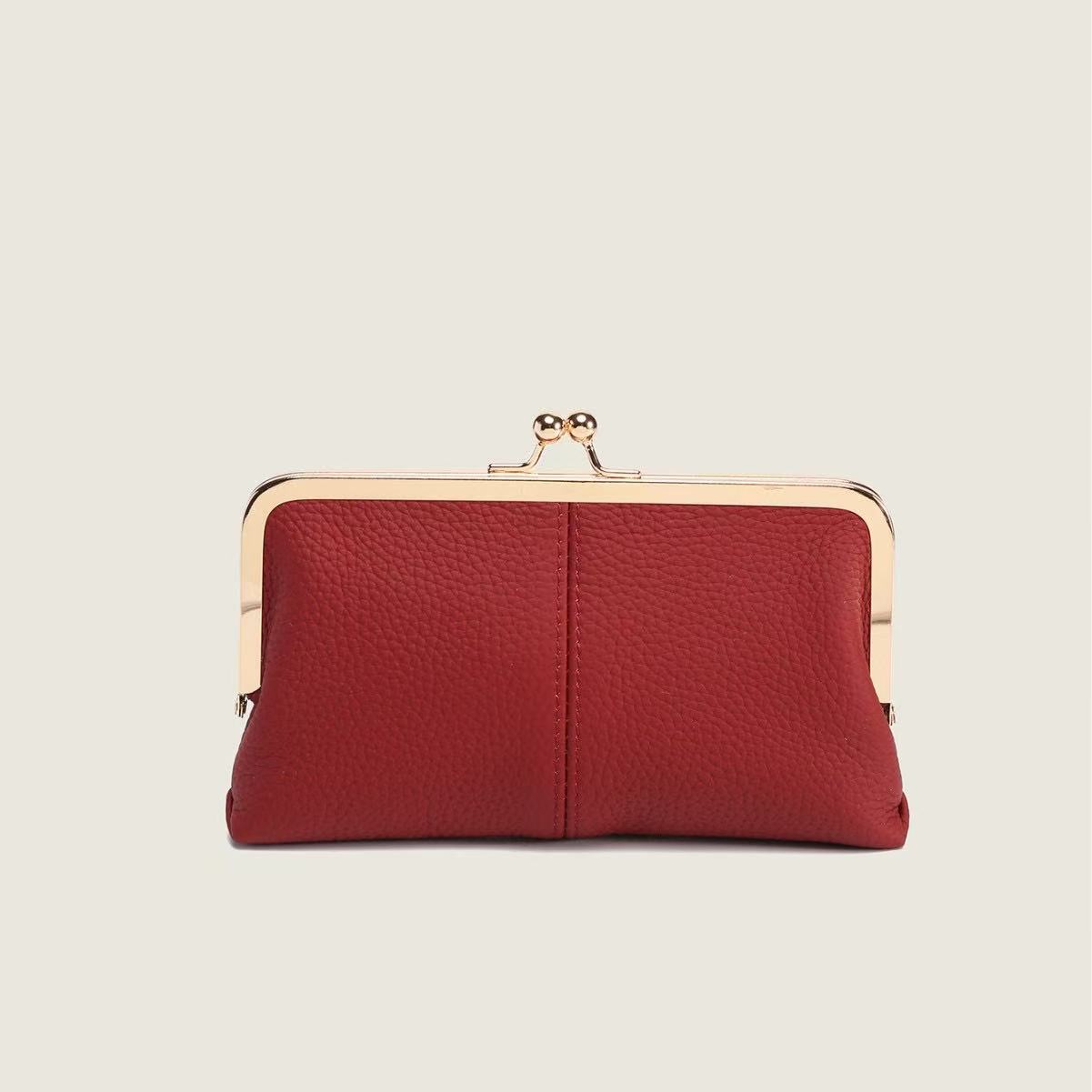 Genuine Leather Long Clutch Wallet - Minimalist Solid Color Clip Bag with High-End Metal Frame, Large Capacity Coin Purse for Women Genuine Leather Long Clutch Wallet - Minimalist Solid Color Clip Bag with High-End Metal Frame, Large Capacity Coin Purse for Women