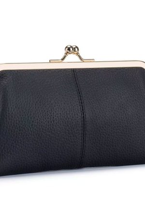 Genuine Leather Long Clutch Wallet - Minimalist Solid Color Clip Bag with High-End Metal Frame, Large Capacity Coin Purse for Women