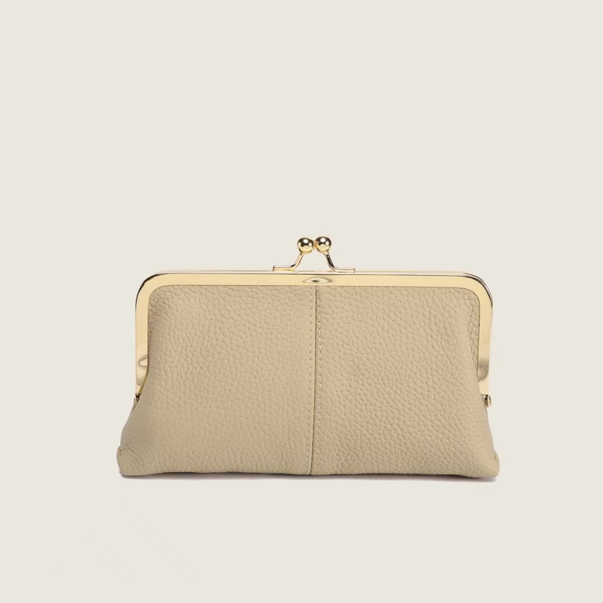 Genuine Leather Long Clutch Wallet - Minimalist Solid Color Clip Bag with High-End Metal Frame, Large Capacity Coin Purse for Women Genuine Leather Long Clutch Wallet - Minimalist Solid Color Clip Bag with High-End Metal Frame, Large Capacity Coin Purse for Women