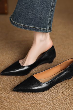 Genuine Leather Low-Heeled Pointed Toe Work Shoes for Women - Elegant Commuting Style, Italian Design, Perfect for Office and Daily Wear