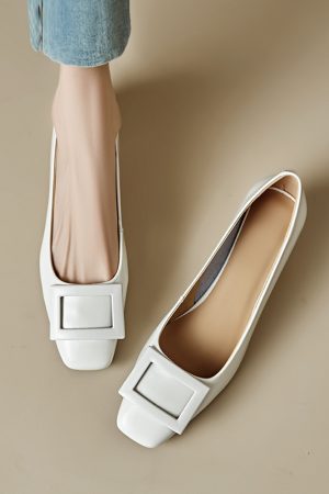 Genuine Leather Mid-Heel Square Toe Shoes for Women - Elegant Chunky Heel, Shallow Mouth Design, Classic Style