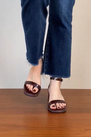 Genuine Leather One-Strap Thick-Heeled Open-Toe Sandals for Women - Summer Brown Square-Toe Mid-Heel Shoes Size 41