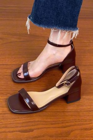 Genuine Leather One-Strap Thick-Heeled Open-Toe Sandals for Women - Summer Brown Square-Toe Mid-Heel Shoes Size 41