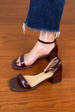 Genuine Leather One-Strap Thick-Heeled Open-Toe Sandals for Women - Summer Brown Square-Toe Mid-Heel Shoes Size 41