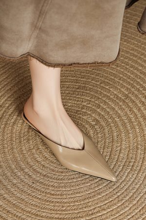 Genuine Leather Pointed Toe Slip-On Mule Slippers for Women - Summer Wedge Closed Toe Outdoor Footwear Fashion