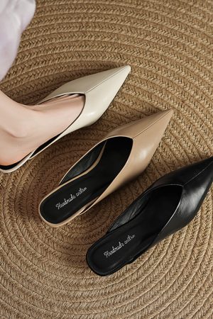 Genuine Leather Pointed Toe Slip-On Mule Slippers for Women - Summer Wedge Closed Toe Outdoor Footwear Fashion