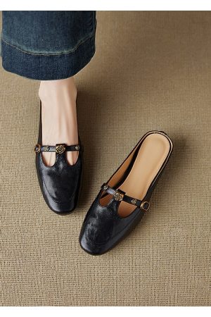 Genuine Leather Round Toe Camellia Lazy Slippers for Women - Retro Summer Outdoor Hidden Height Half Slippers