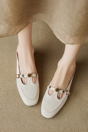 Genuine Leather Round Toe Camellia Lazy Slippers for Women - Retro Summer Outdoor Hidden Height Half Slippers