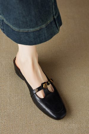 Genuine Leather Round Toe Camellia Lazy Slippers for Women - Retro Summer Outdoor Hidden Height Half Slippers