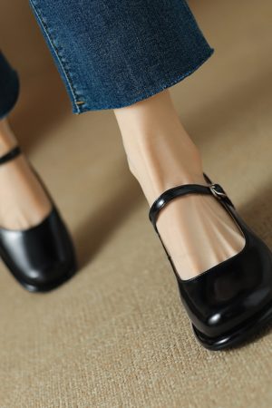 Genuine Leather Round Toe Mid Heel Chunky Mary Jane Shoes for Women - Silver One Strap Design, Spring 2025 Style