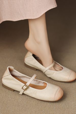 Genuine Leather Round Toe One-Strap Mary Jane Shoes for Women - French Vintage Style Flat Shoes