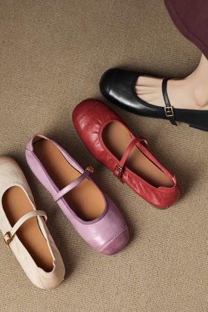 Genuine Leather Round Toe One-Strap Mary Jane Shoes for Women - French Vintage Style Flat Shoes