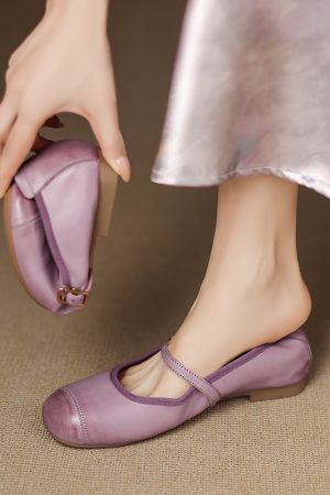Genuine Leather Round Toe One-Strap Mary Jane Shoes for Women - French Vintage Style Flat Shoes
