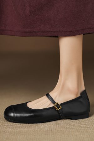 Genuine Leather Round Toe One-Strap Mary Jane Shoes for Women - French Vintage Style Flat Shoes
