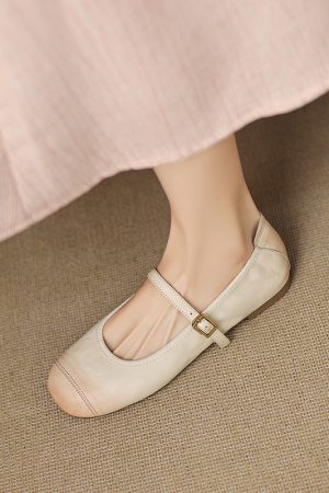 Genuine Leather Round Toe One-Strap Mary Jane Shoes for Women - French Vintage Style Flat Shoes