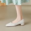 Genuine Leather Round Toe Pleated Chunky Mid-Heel Shoes for Women - Spring Versatile Style, Italian-Inspired Footwear