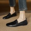 Genuine Leather Round Toe Slip-On Loafers for Women - Vintage French Style Flat Shoes - Autumn 2025 Fashion Footwear