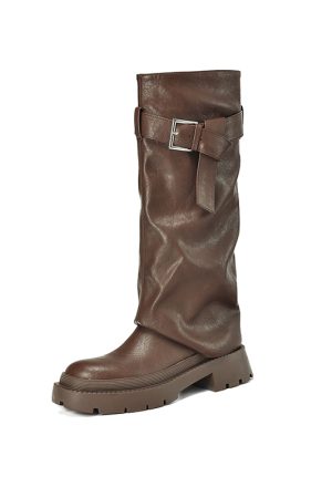 Genuine Leather Round Toe Western Cowboy Boots for Women - Thick Bottom Long Tube Knight Style Summer Pants Boots