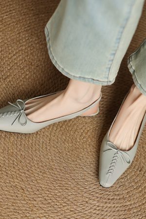 Genuine Leather Square Toe Bow Strap Sandals for Women - Summer 2025 Low Heel Closed Toe Footwear