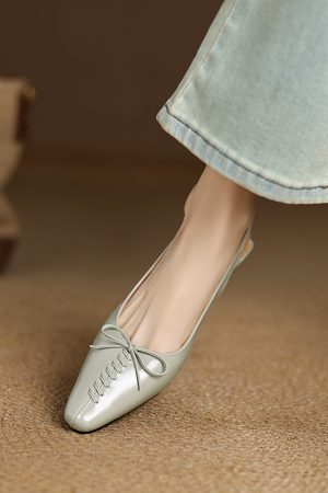 Genuine Leather Square Toe Bow Strap Sandals for Women - Summer 2025 Low Heel Closed Toe Footwear