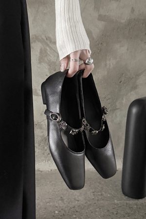 Genuine Leather Square Toe Camellia One-Strap Mary Jane Shoes for Women - Comfortable Versatile Flats for Everyday Wear