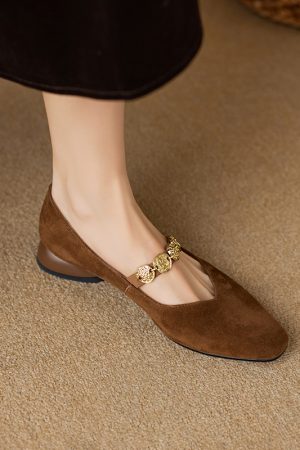 Genuine Leather Square Toe Coin Chain Mary Jane Shoes for Women - 2025 French Elegant Mid-Heel Flats, Vintage Style