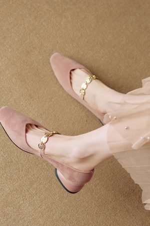 Genuine Leather Square Toe Coin Chain Mary Jane Shoes for Women - 2025 French Elegant Mid-Heel Flats, Vintage Style