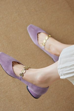 Genuine Leather Square Toe Coin Chain Mary Jane Shoes for Women - 2025 French Elegant Mid-Heel Flats, Vintage Style