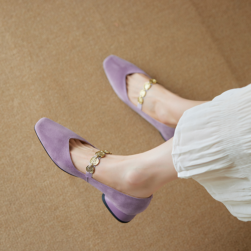 Genuine Leather Square Toe Coin Chain Mary Jane Shoes for Women - 2025 French Elegant Mid-Heel Flats, Vintage Style Genuine Leather Square Toe Coin Chain Mary Jane Shoes for Women - 2025 French Elegant Mid-Heel Flats, Vintage Style