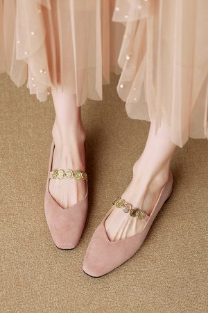 Genuine Leather Square Toe Coin Chain Mary Jane Shoes for Women - 2025 French Elegant Mid-Heel Flats, Vintage Style