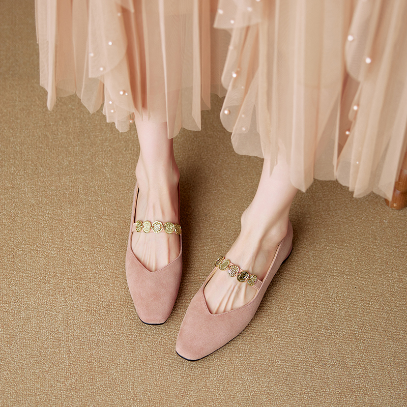 Genuine Leather Square Toe Coin Chain Mary Jane Shoes for Women - 2025 French Elegant Mid-Heel Flats, Vintage Style Genuine Leather Square Toe Coin Chain Mary Jane Shoes for Women - 2025 French Elegant Mid-Heel Flats, Vintage Style