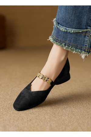 Genuine Leather Square Toe Coin Chain Mary Jane Shoes for Women - 2025 French Elegant Mid-Heel Flats, Vintage Style
