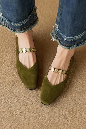 Genuine Leather Square Toe Coin Chain Mary Jane Shoes for Women - 2025 French Elegant Mid-Heel Flats, Vintage Style